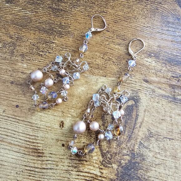 Pair of Vintage 1990s Long Dangle Earrings Gold Tone Chain Beaded Style - Picture 1 of 3